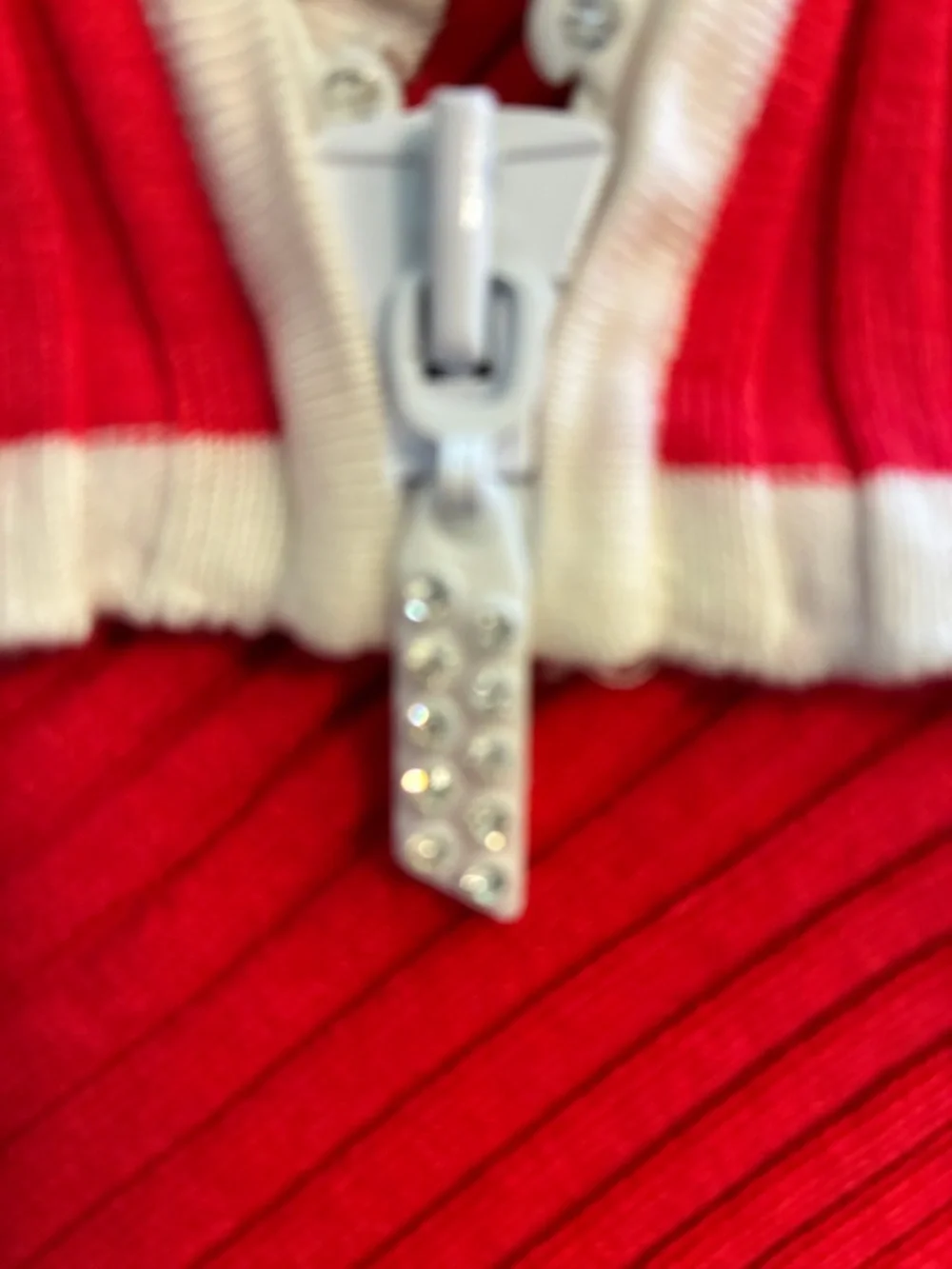 Belldini Coral Knit Cardigan Rhinestone Embellished Zipper White Trim Red Pink - Picture 5 of 10